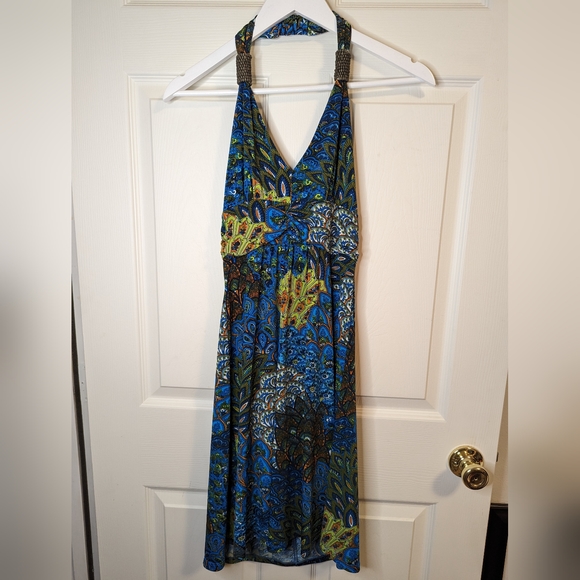 Belize halter neck dress in blue, green and orange print (SIZE TAG MISSING) - Picture 1 of 9